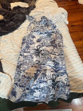 Blue & White Tropical Cityprint Halter Dress